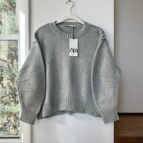 NWT Zara Pleated Sleeve Knit Sweater Pullover Wool Blend in Gray 3920/180 - Picture 5 of 15